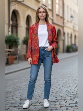 Liz Claiborne Satin Blazer Red Damask Print 1980s Stylish Retro Luxury